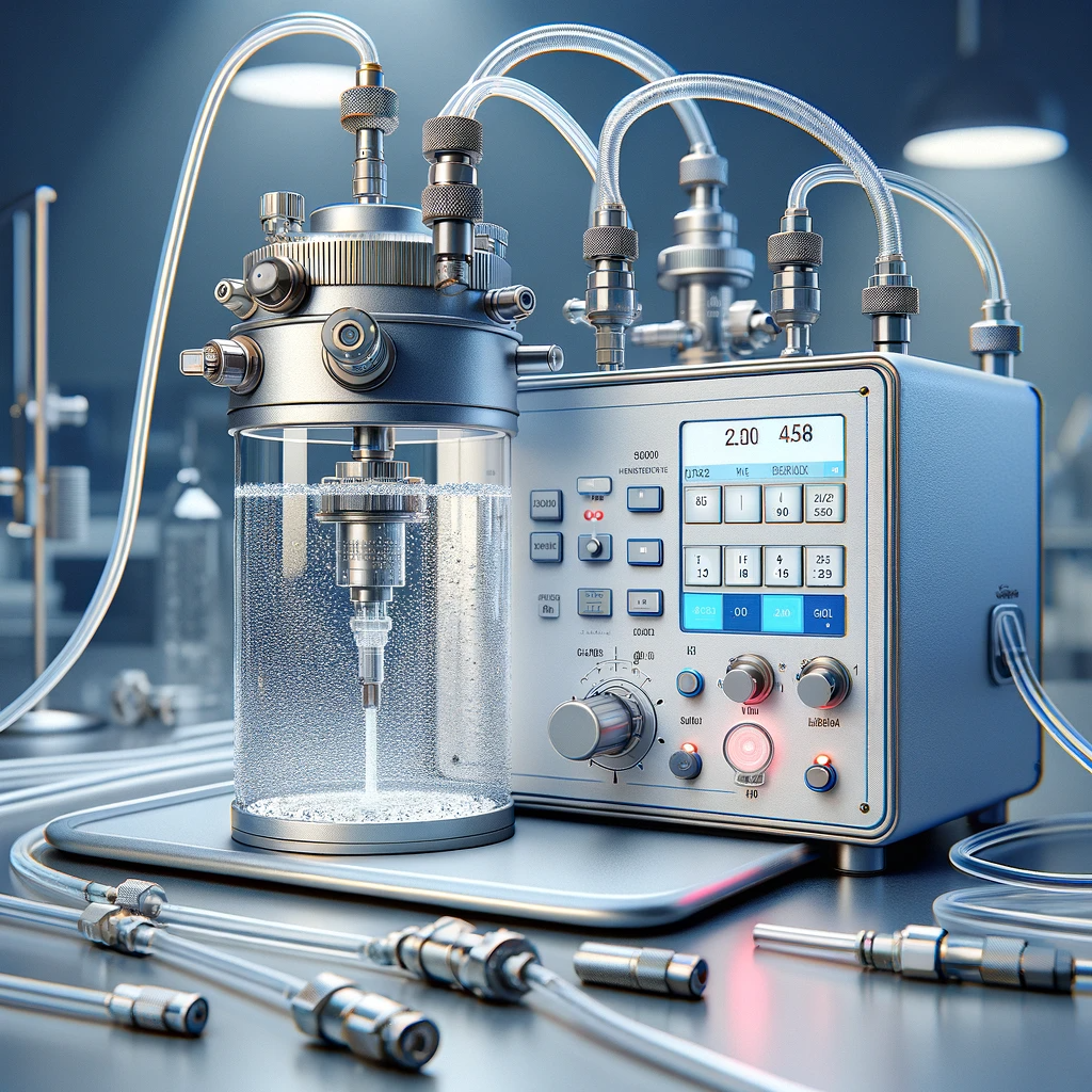 A detailed illustration of a vacuum pressure controller testing the leak rate of a sealed container.